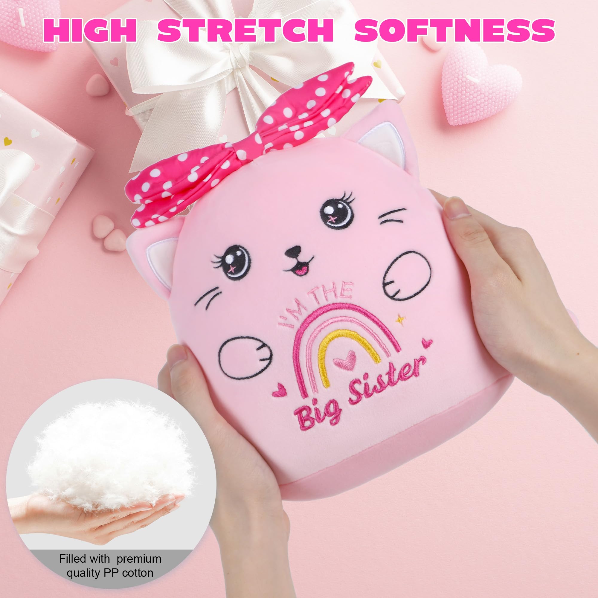SEAOPOP Big Sister Plush Cat – 8-Inch Pink Stuffed Animal with Rainbow Heart and Bow, Gift for New Sibling Announcement