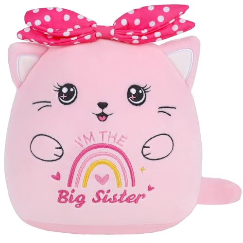 SEAOPOP Big Sister Plush Cat – 8-Inch Pink Stuffed Animal with Rainbow Heart and Bow, Gift for New Sibling Announcement