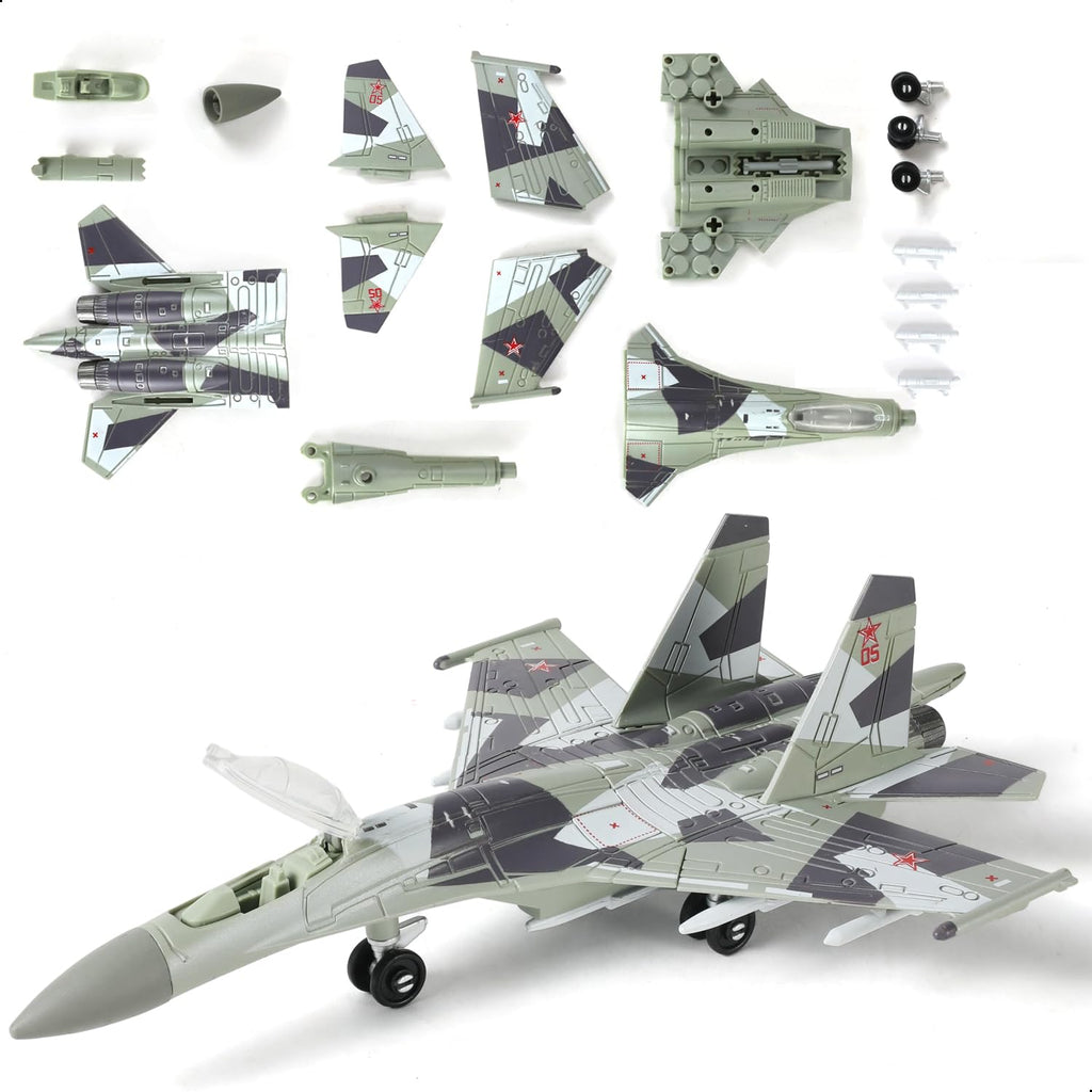 SEBUNAS 1:100 Scale SU-35 Fighter Jet Model Kit - 25 Piece Quick Build Assembly with Display Stand