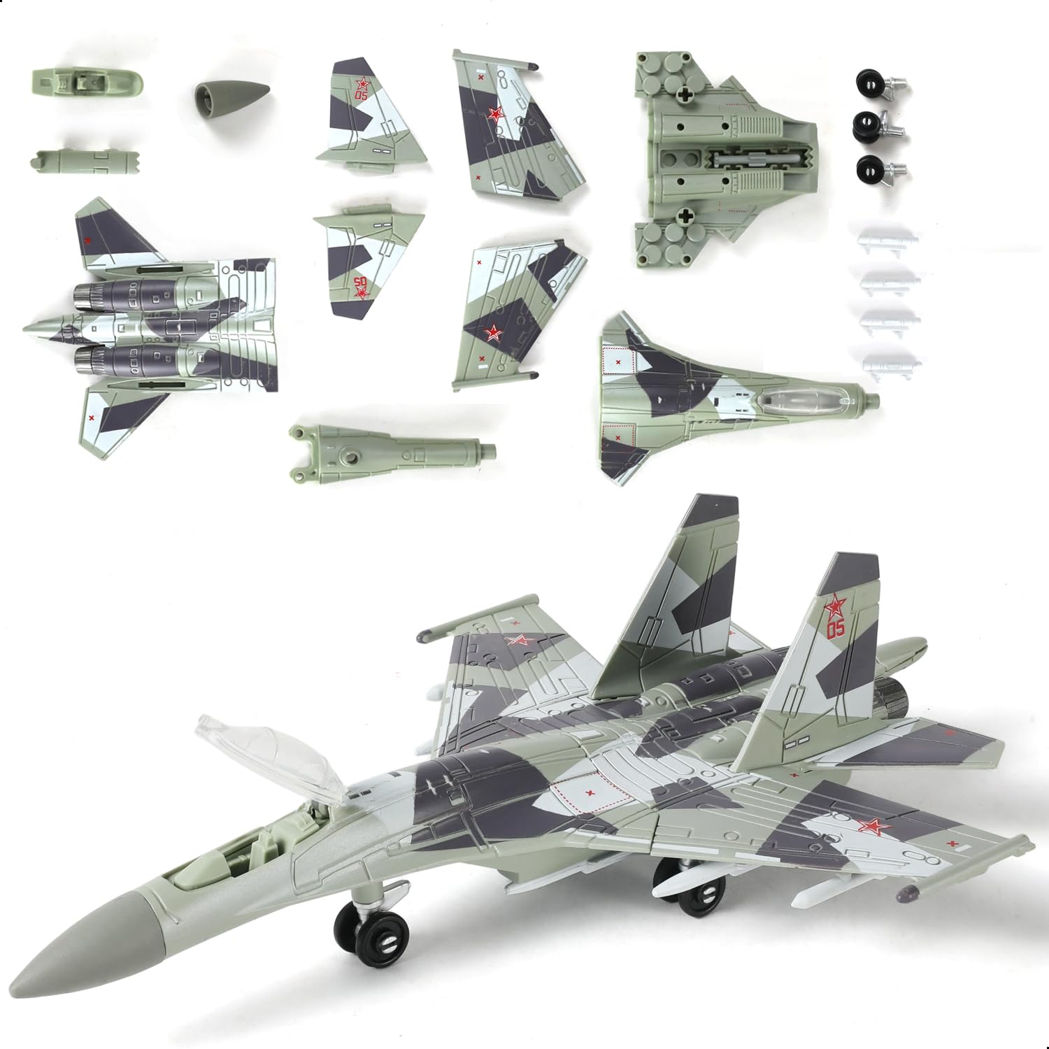 SEBUNAS 1:100 Scale SU-35 Fighter Jet Model Kit - 25 Piece Quick Build Assembly with Display Stand