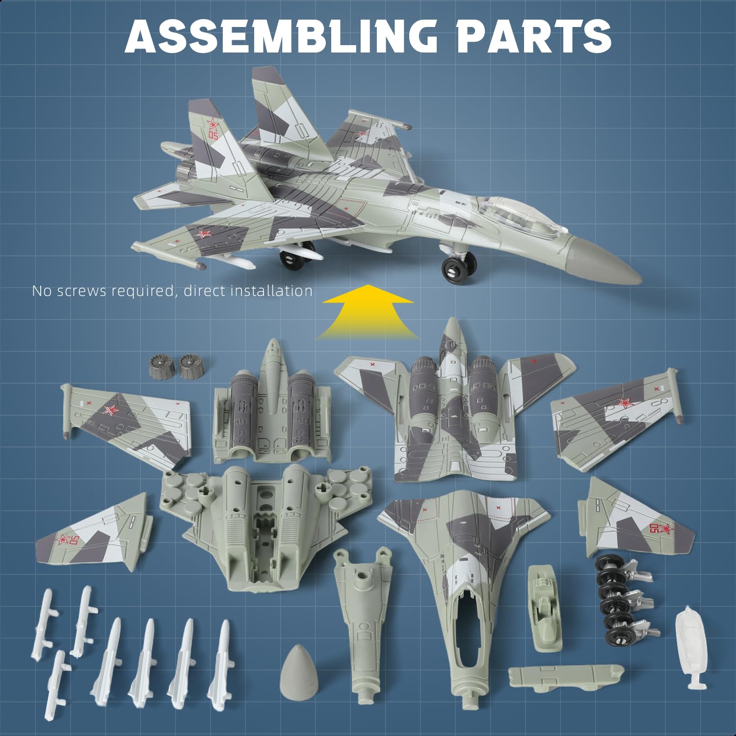SEBUNAS 1:100 Scale SU-35 Fighter Jet Model Kit - 25 Piece Quick Build Assembly with Display Stand