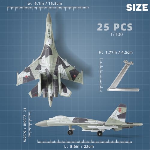SEBUNAS 1:100 Scale SU-35 Fighter Jet Model Kit - 25 Piece Quick Build Assembly with Display Stand