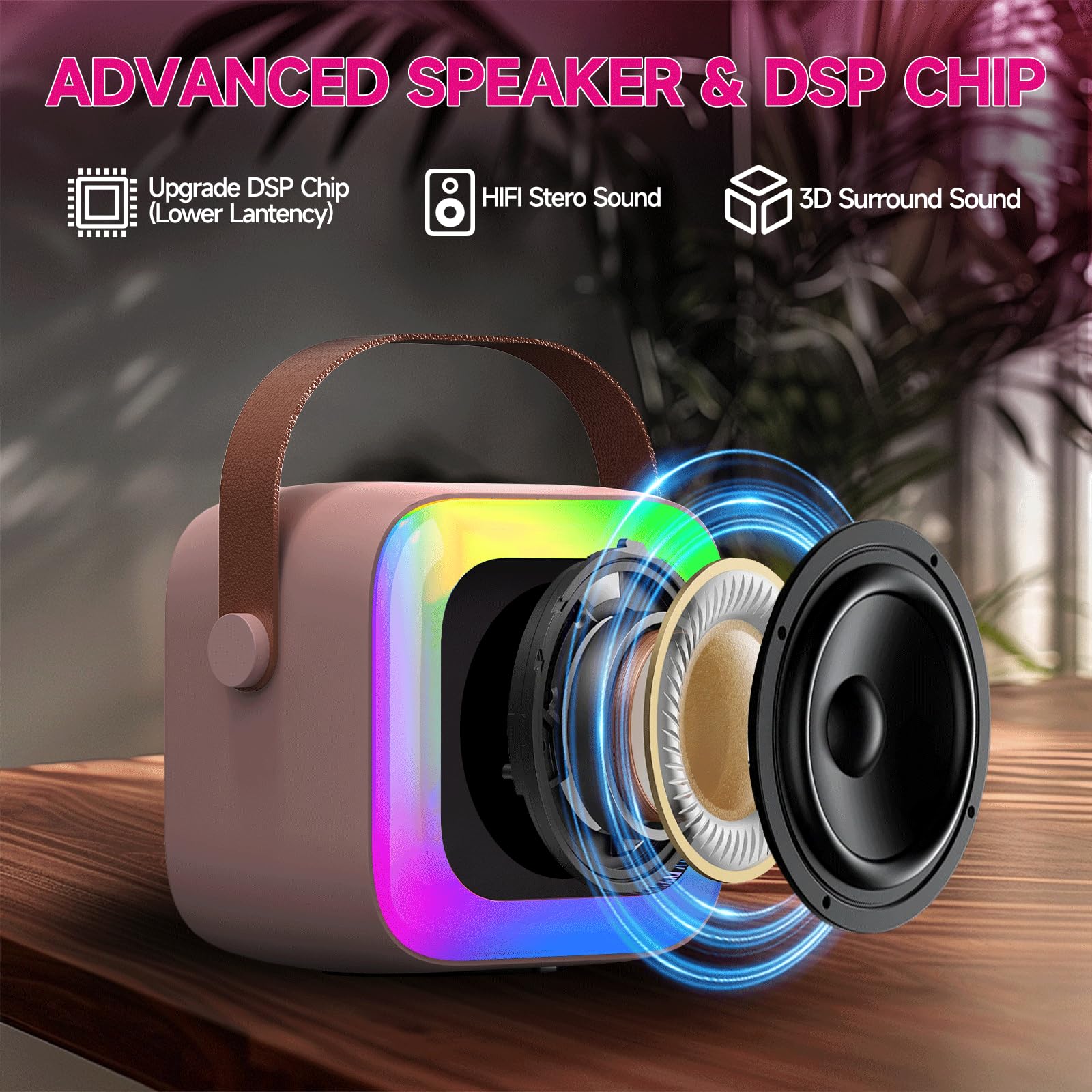 SECULEAD Kids Karaoke Machine - Portable Bluetooth 5.3 Speaker with Built-in Microphone, Pink, for Ages 3-5