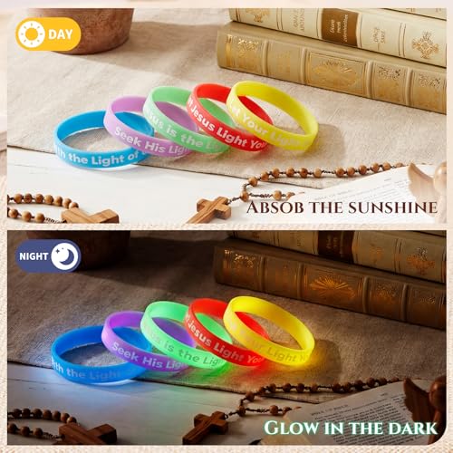 Seematn 50 Pack Glow in the Dark Bible Verse Bracelets - VBS 2026 Religious Silicone Wristbands with 5 Scripture Themes, Colorful, for Adults & Teens
