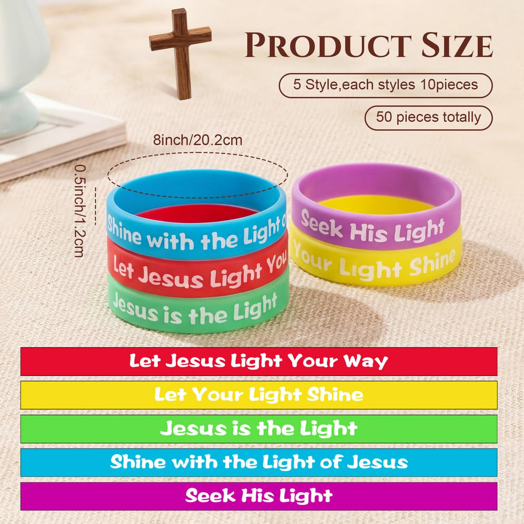 Seematn 50 Pack Glow in the Dark Bible Verse Bracelets - VBS 2026 Religious Silicone Wristbands with 5 Scripture Themes, Colorful, for Adults & Teens