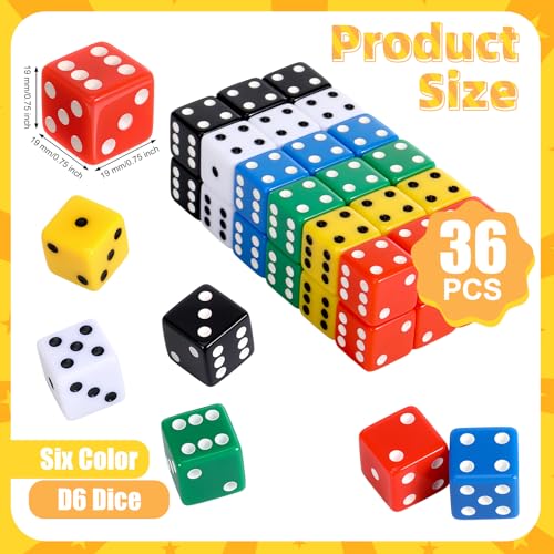Seenelling 36-Piece 19mm Acrylic Opaque D6 Dice Set - 6 Colors for Board Games, Casino Nights & Party Supplies