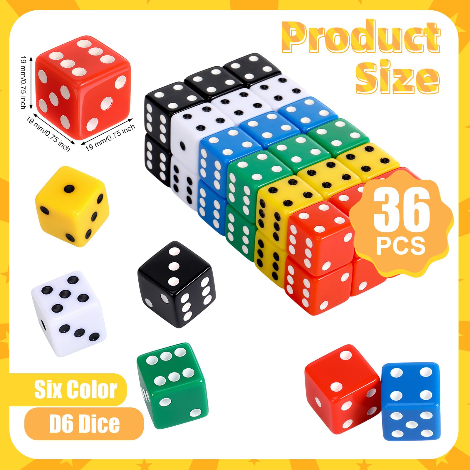 Seenelling 36-Piece 19mm Acrylic Opaque D6 Dice Set - 6 Colors for Board Games, Casino Nights & Party Supplies