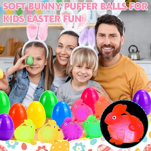 Seifar 12 Pack Easter Eggs with LED Bunny Puffer Balls – Filled Plastic Eggs for Egg Hunts, Basket Stuffers, and Stress Relief Fidget Toys