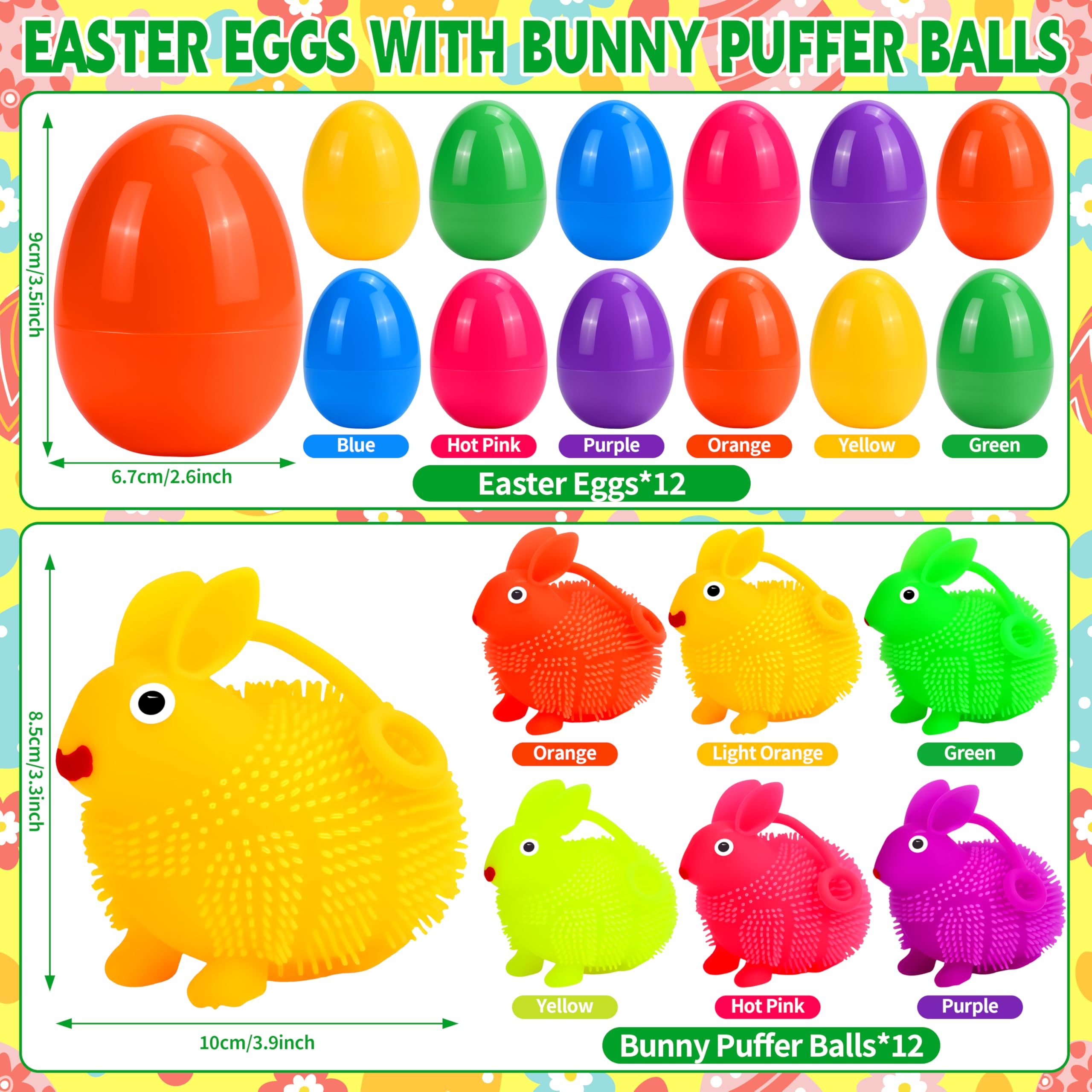 Seifar 12 Pack Easter Eggs with LED Bunny Puffer Balls – Filled Plastic Eggs for Egg Hunts, Basket Stuffers, and Stress Relief Fidget Toys