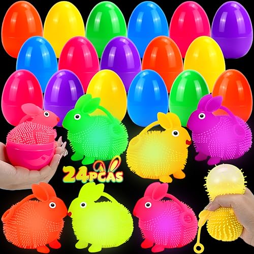 Seifar 12 Pack Easter Eggs with LED Bunny Puffer Balls – Filled Plastic Eggs for Egg Hunts, Basket Stuffers, and Stress Relief Fidget Toys