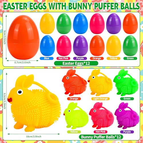 Seifar 12 Pack Easter Eggs with LED Bunny Puffer Balls – Filled Plastic Eggs for Egg Hunts, Basket Stuffers, and Stress Relief Fidget Toys