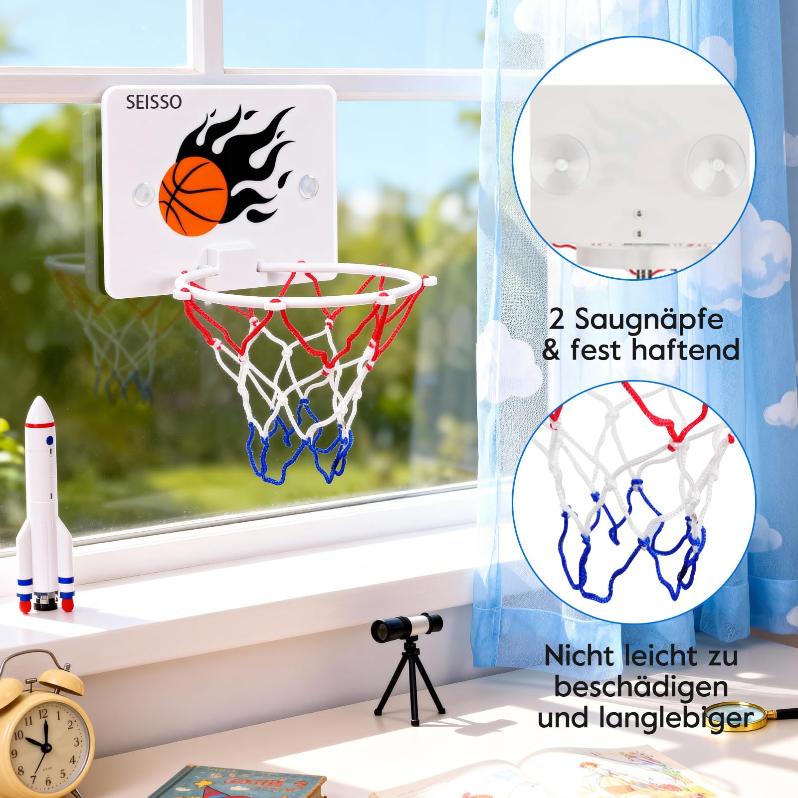 SEISSO Indoor Mini Basketball Hoop - Kids Suction Cup Toy with 2 Balls and Pump