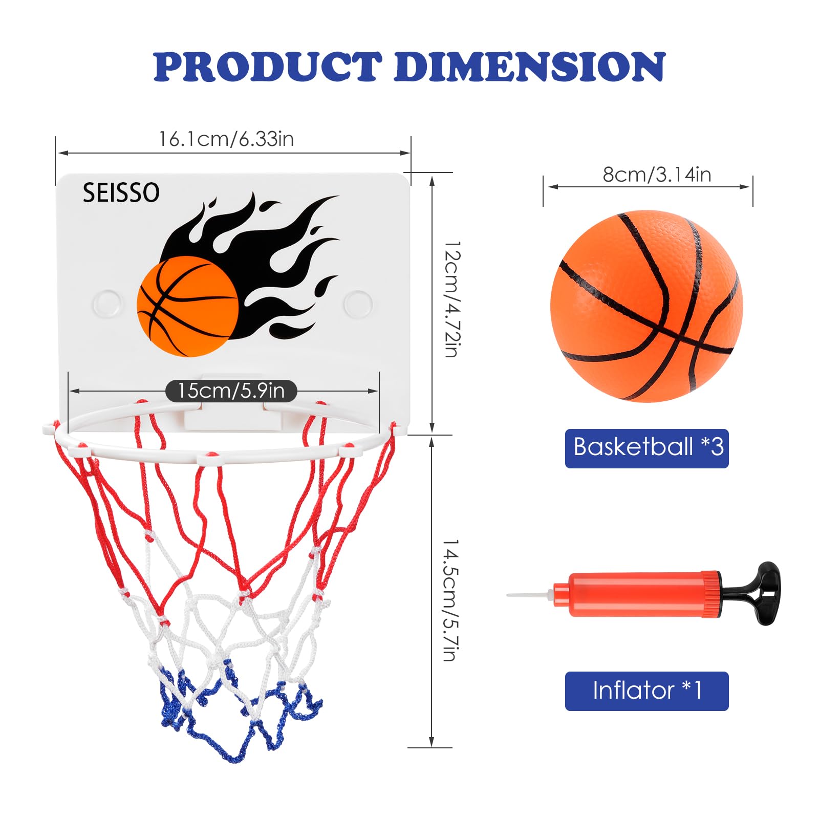 SEISSO Indoor Mini Basketball Hoop - Kids Suction Cup Toy with 2 Balls and Pump