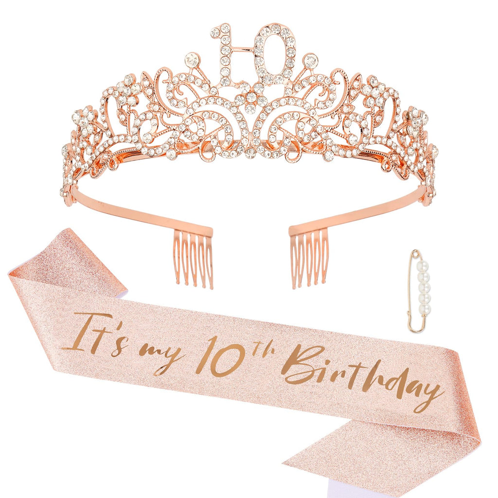 Semato 10th Birthday Crown and Sash Kit for Girls – Rhinestone Tiara, Gold Glitter Sash, Pearl Pin