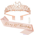 Semato 10th Birthday Crown and Sash Kit for Girls – Rhinestone Tiara, Gold Glitter Sash, Pearl Pin