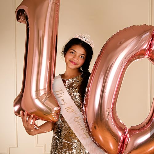 Semato 10th Birthday Crown and Sash Kit for Girls – Rhinestone Tiara, Gold Glitter Sash, Pearl Pin