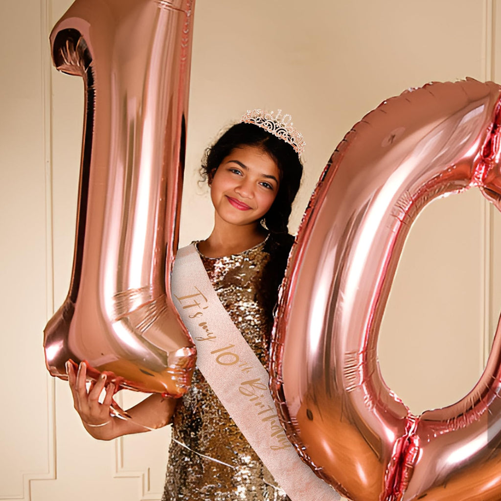 Semato 10th Birthday Crown and Sash Kit for Girls – Rhinestone Tiara, Gold Glitter Sash, Pearl Pin