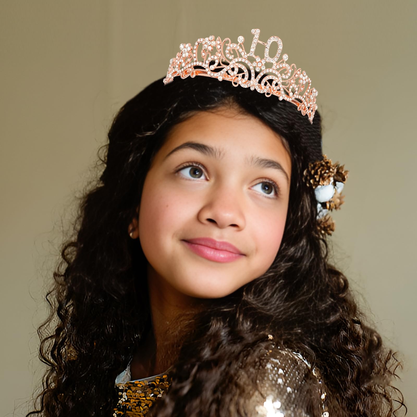 Semato 10th Birthday Crown and Sash Kit for Girls – Rhinestone Tiara, Gold Glitter Sash, Pearl Pin