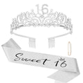 Semato 16th Birthday Crown and Sash Kit – Silver Rhinestone Tiara with Gold Glitter Sash