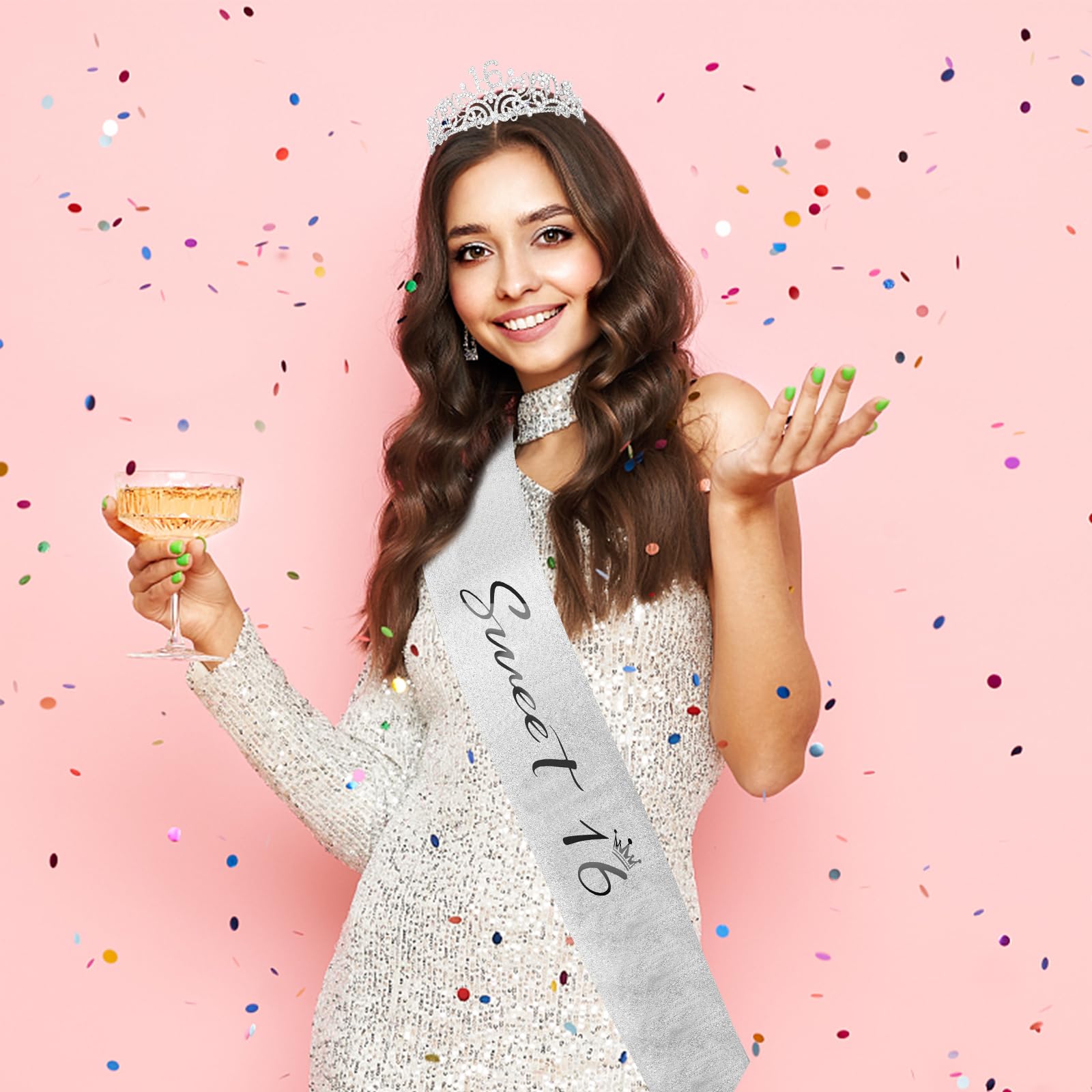 Semato 16th Birthday Crown and Sash Kit – Silver Rhinestone Tiara with Gold Glitter Sash