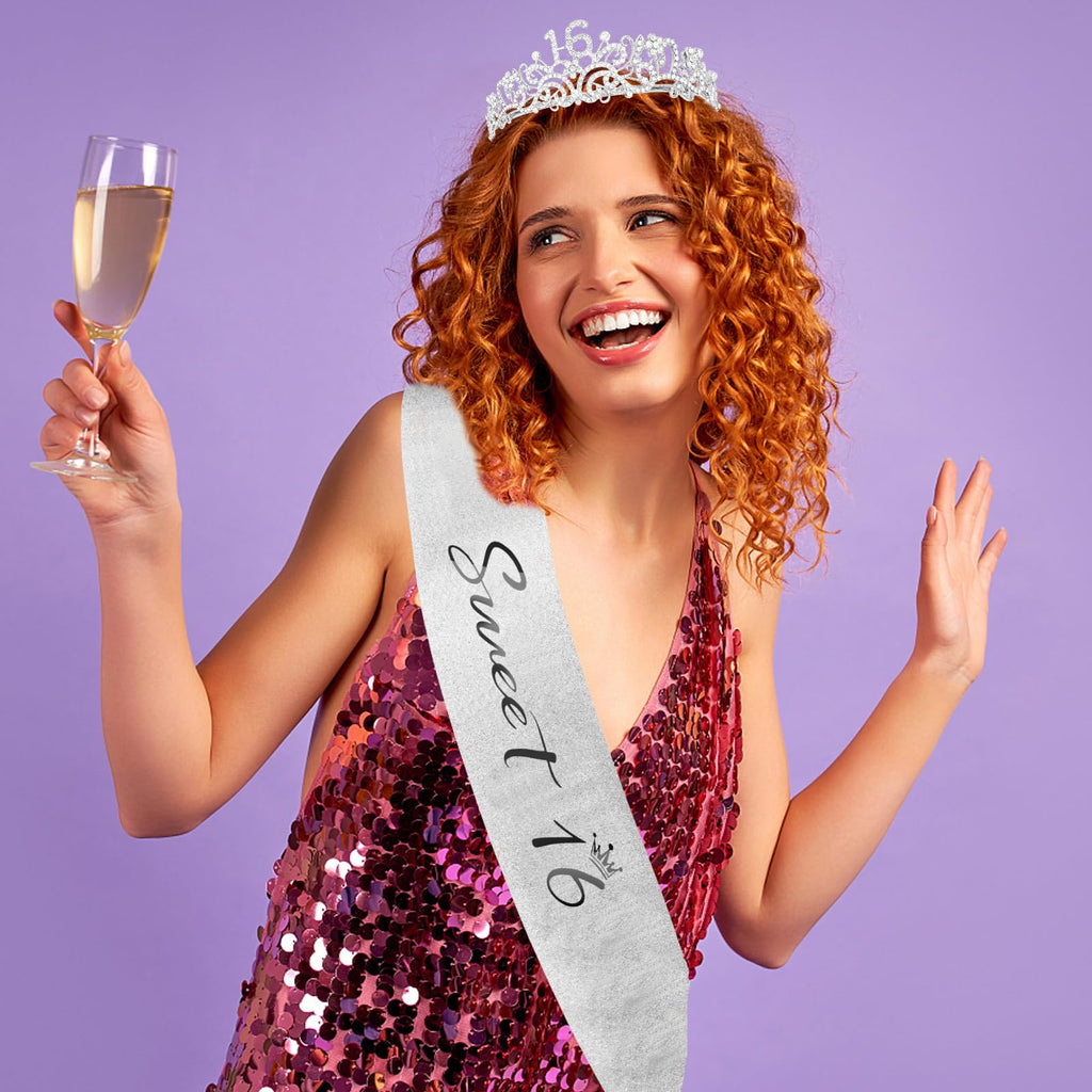 Semato 16th Birthday Crown and Sash Kit – Silver Rhinestone Tiara with Gold Glitter Sash