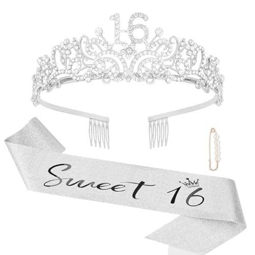 Semato 16th Birthday Crown and Sash Kit – Silver Rhinestone Tiara with Gold Glitter Sash
