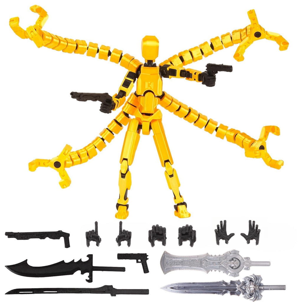 SENROELECTRONAGE T13 Action Figure – 5.4in Pre-Assembled 3D Printed Yellow Dummy 13 with 6 Hand Shapes and 6 Weapons