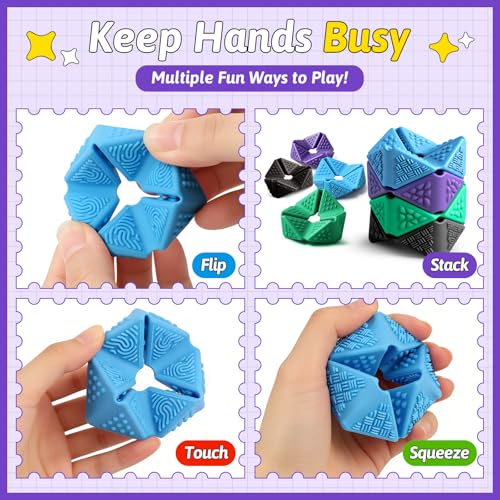 Sensory Fidget Cube Set - 4 Pack Quiet Silicone Flip Cubes for Anxiety Relief, Autism ADHD (2 Inches, Multi-Textured)