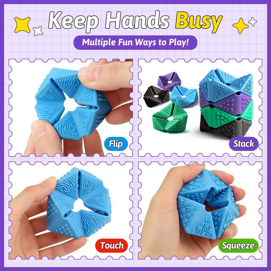 Sensory Fidget Cube Set - 4 Pack Quiet Silicone Flip Cubes for Anxiety Relief, Autism ADHD (2 Inches, Multi-Textured)