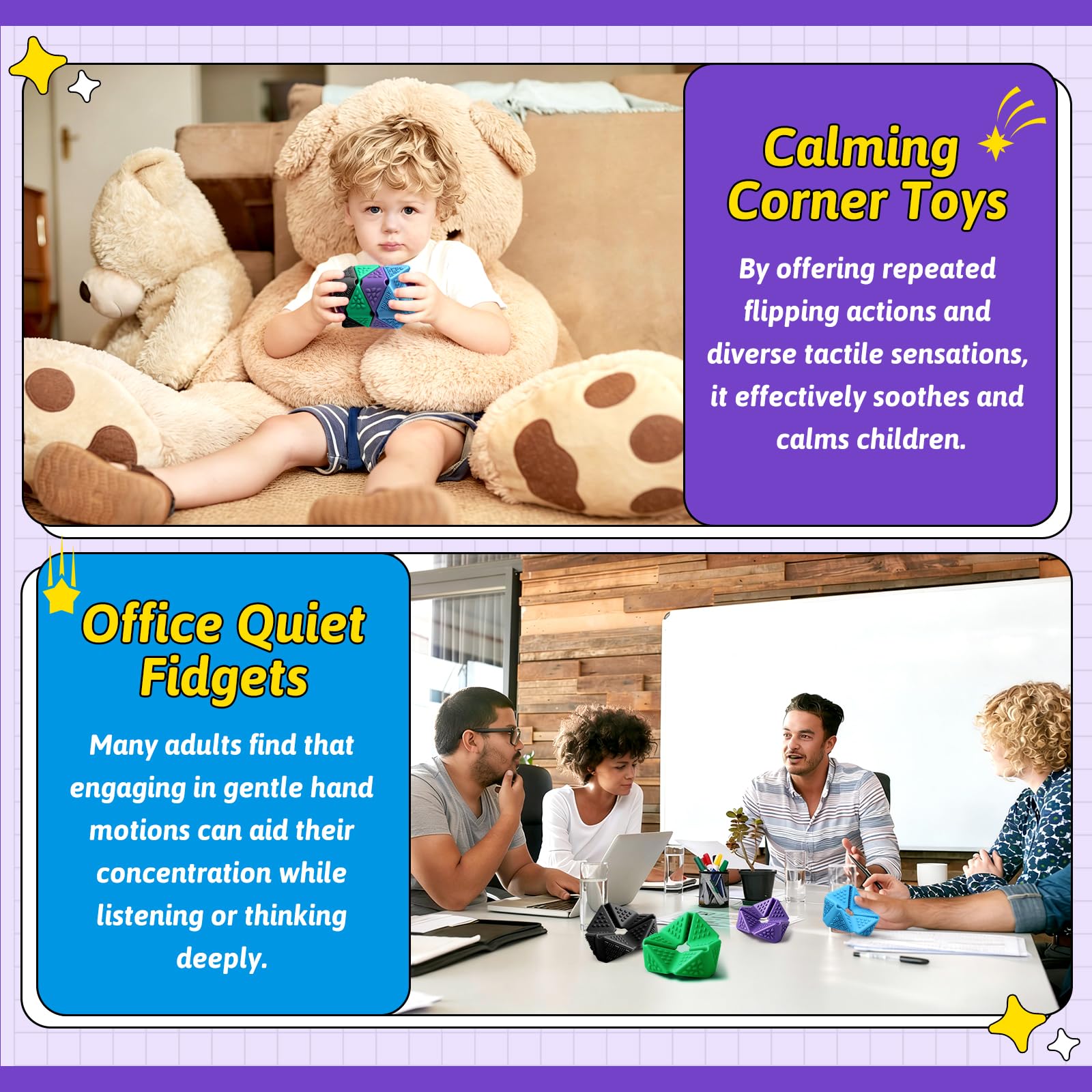 Sensory Fidget Cube Set - 4 Pack Quiet Silicone Flip Cubes for Anxiety Relief, Autism ADHD (2 Inches, Multi-Textured)