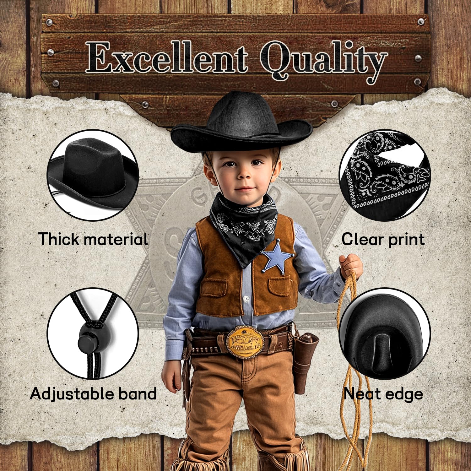 SeptCity Toddler Cowboy Hat & Blue Bandana Set – Ages 2-5, Western Dress-Up for Halloween & Parties