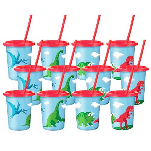 Set of 12 Dinosaur Cups for Kids Party with Straws and Lids - 12 oz Reusable Plastic Cups - Dino Birthday Party Favors