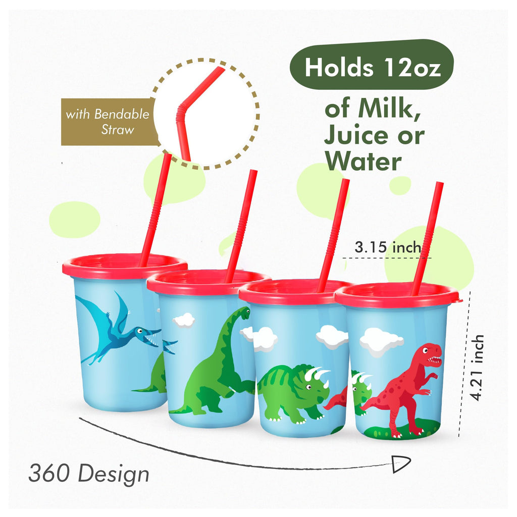 Set of 12 Dinosaur Cups for Kids Party with Straws and Lids - 12 oz Reusable Plastic Cups - Dino Birthday Party Favors