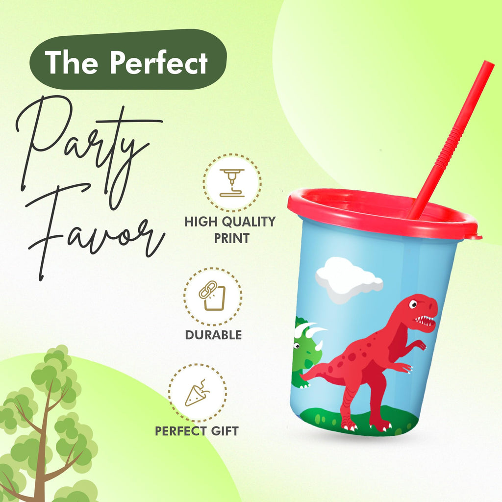 Set of 12 Dinosaur Cups for Kids Party with Straws and Lids - 12 oz Reusable Plastic Cups - Dino Birthday Party Favors