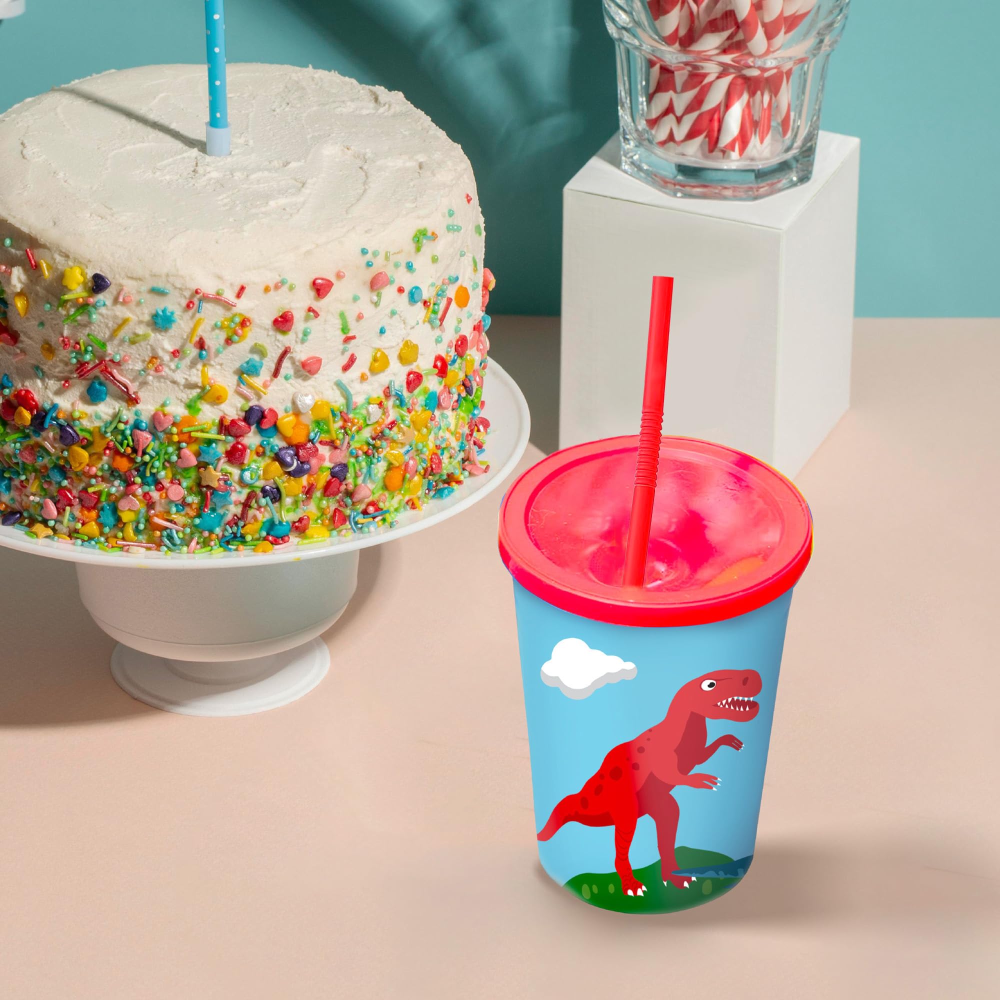 Set of 12 Dinosaur Cups for Kids Party with Straws and Lids - 12 oz Reusable Plastic Cups - Dino Birthday Party Favors