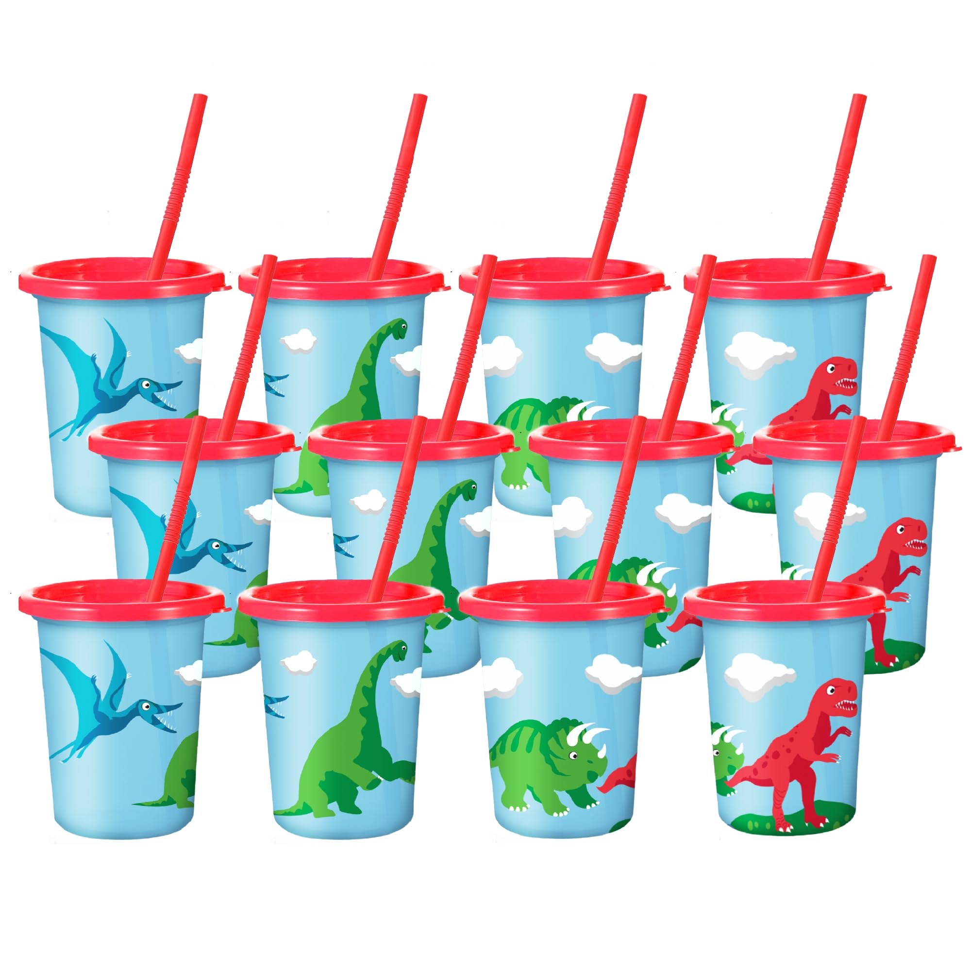 Set of 12 Dinosaur Cups for Kids Party with Straws and Lids - 12 oz Reusable Plastic Cups - Dino Birthday Party Favors