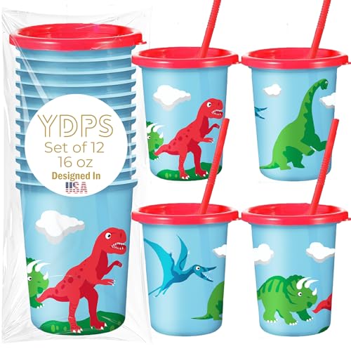 Set of 12 Dinosaur Cups for Kids Party with Straws and Lids - 12 oz Reusable Plastic Cups - Dino Birthday Party Favors