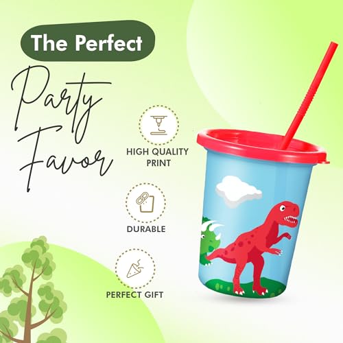 Set of 12 Dinosaur Cups for Kids Party with Straws and Lids - 12 oz Reusable Plastic Cups - Dino Birthday Party Favors