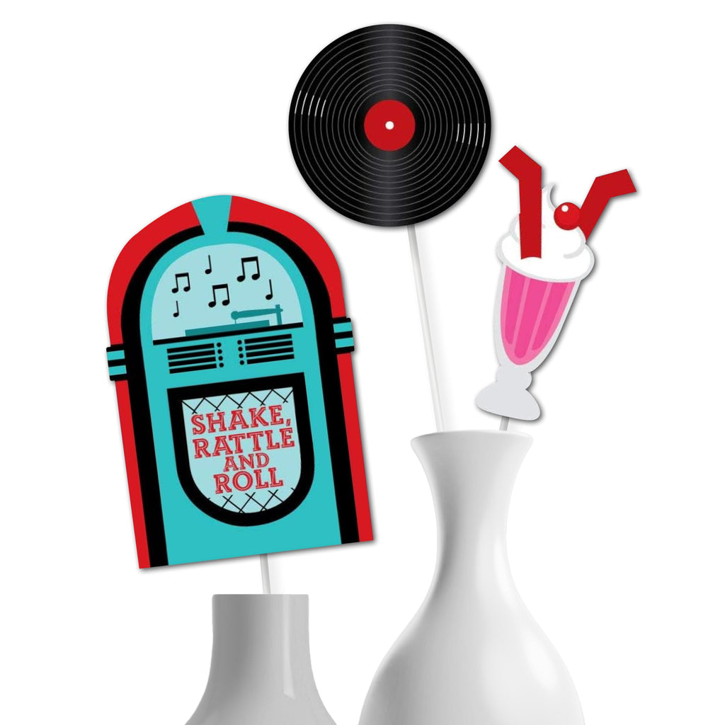 Set of 15 Retro 50's Sock Hop Centerpiece Sticks - Jukebox, Record & Shake Shapes