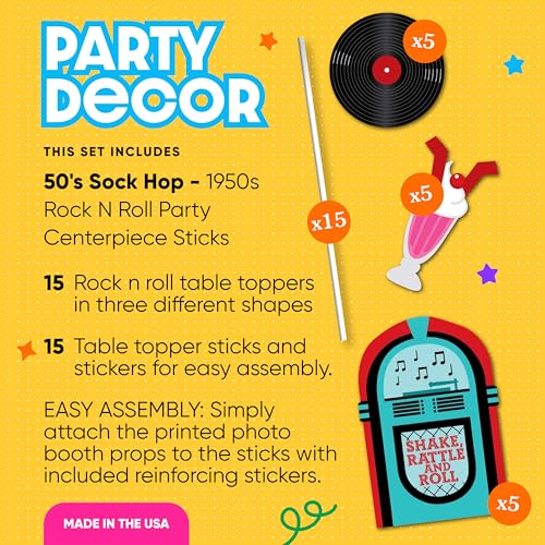 Set of 15 Retro 50's Sock Hop Centerpiece Sticks - Jukebox, Record & Shake Shapes
