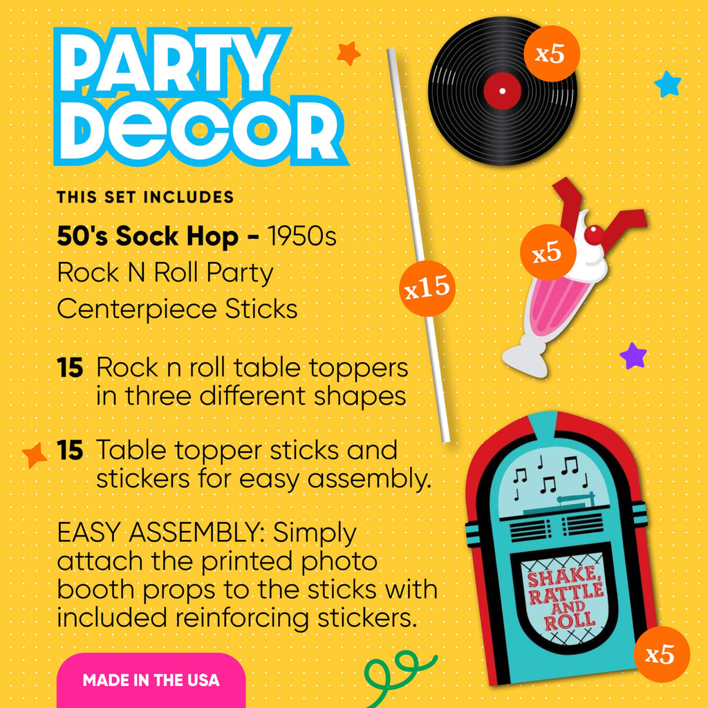 Set of 15 Retro 50's Sock Hop Centerpiece Sticks - Jukebox, Record & Shake Shapes