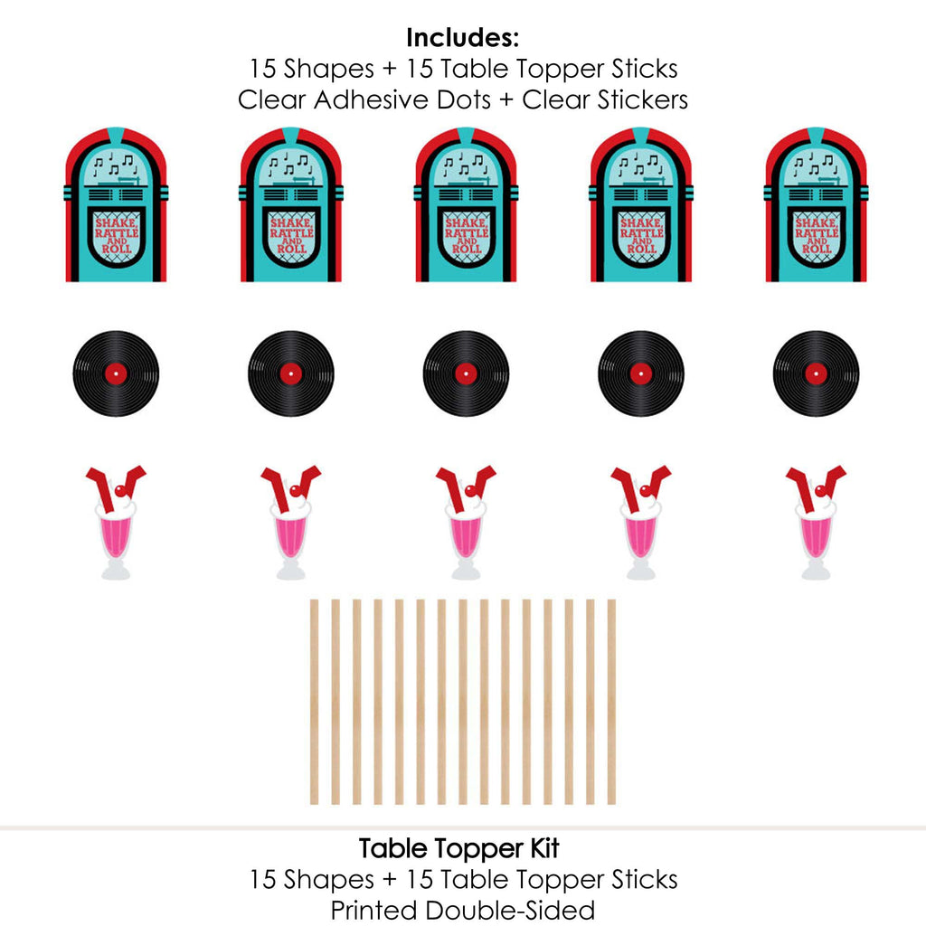 Set of 15 Retro 50's Sock Hop Centerpiece Sticks - Jukebox, Record & Shake Shapes