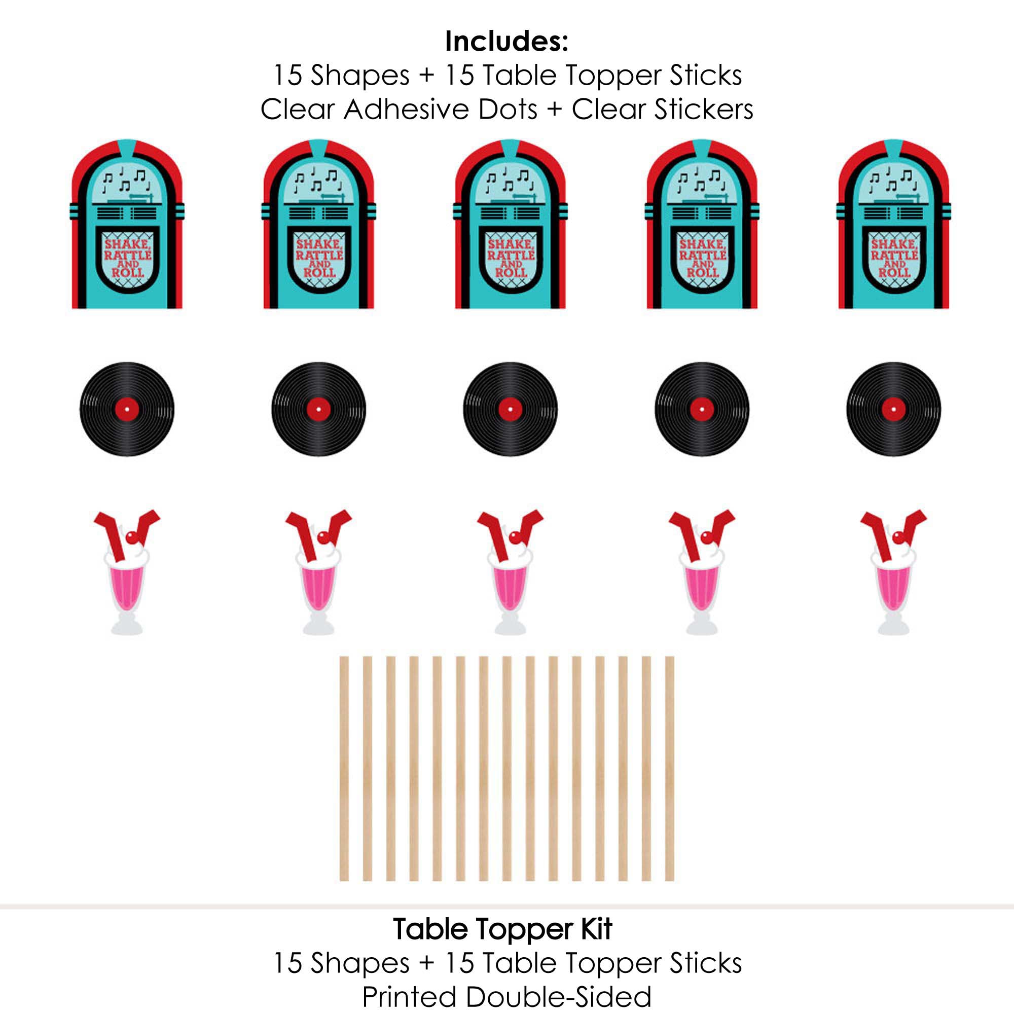 Set of 15 Retro 50's Sock Hop Centerpiece Sticks - Jukebox, Record & Shake Shapes