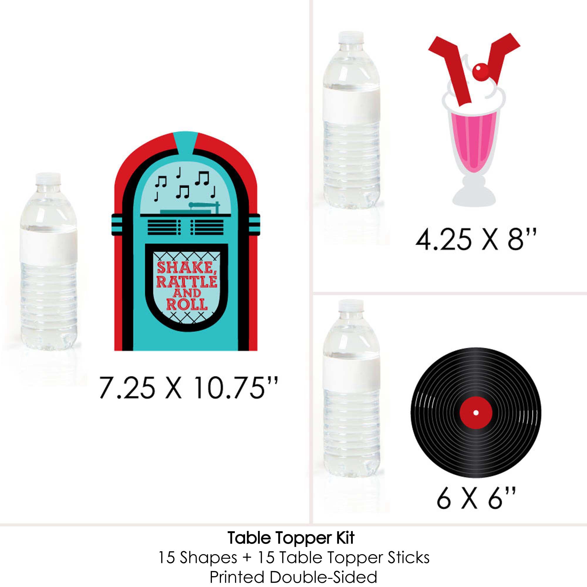 Set of 15 Retro 50's Sock Hop Centerpiece Sticks - Jukebox, Record & Shake Shapes