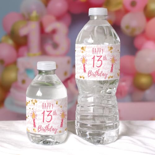 Set of 20 Pink & Gold Water Bottle Labels for 13th Birthday – Waterproof Vinyl Stickers by DISTINCTIVS
