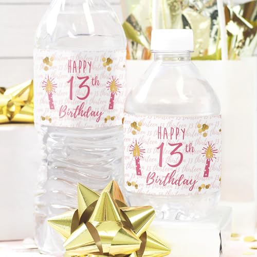 Set of 20 Pink & Gold Water Bottle Labels for 13th Birthday – Waterproof Vinyl Stickers by DISTINCTIVS