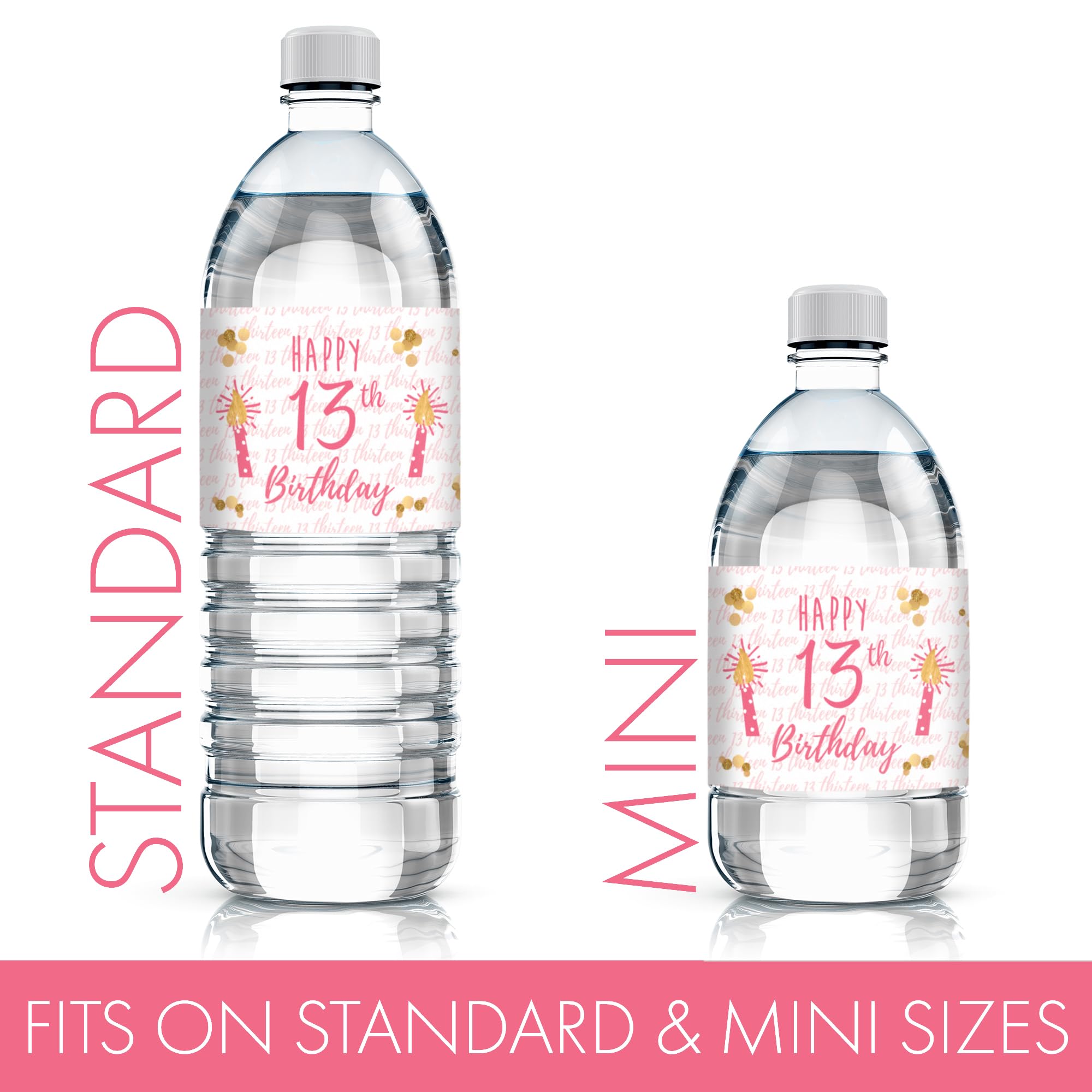 Set of 20 Pink & Gold Water Bottle Labels for 13th Birthday – Waterproof Vinyl Stickers by DISTINCTIVS