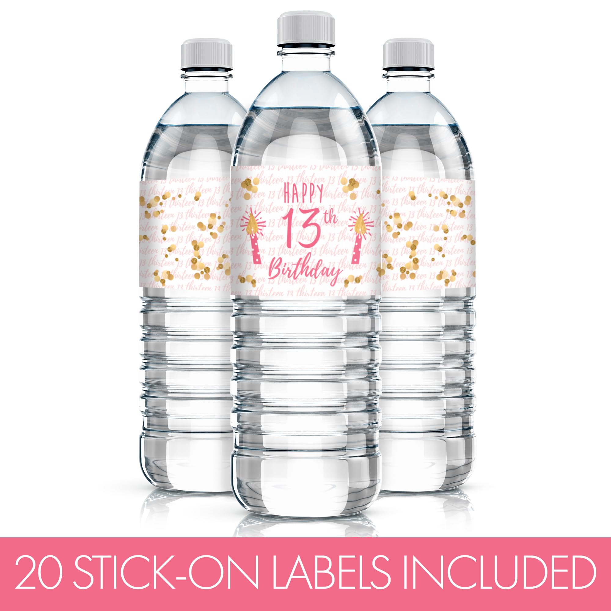 Set of 20 Pink & Gold Water Bottle Labels for 13th Birthday – Waterproof Vinyl Stickers by DISTINCTIVS