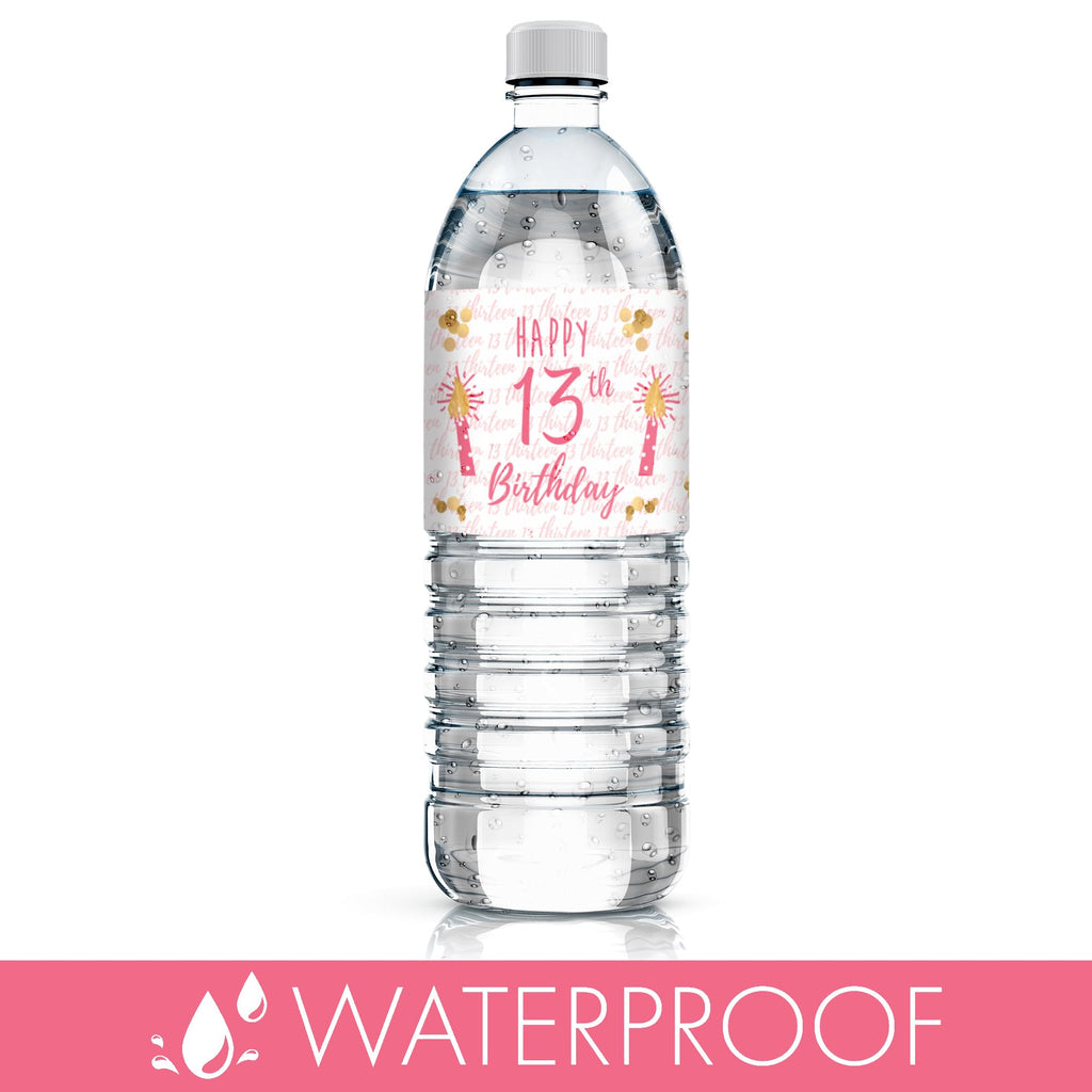 Set of 20 Pink & Gold Water Bottle Labels for 13th Birthday – Waterproof Vinyl Stickers by DISTINCTIVS