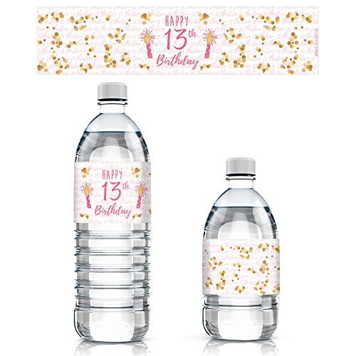 Set of 20 Pink & Gold Water Bottle Labels for 13th Birthday – Waterproof Vinyl Stickers by DISTINCTIVS